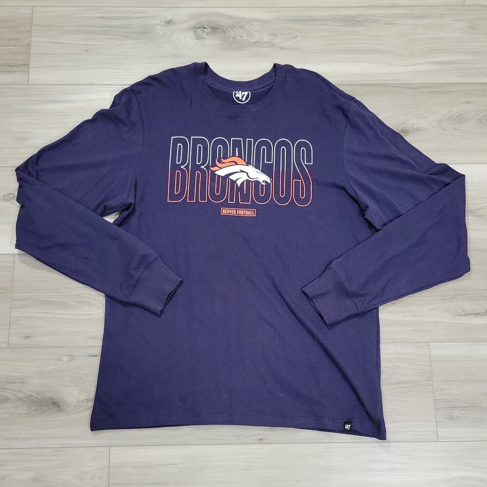 Denver Broncos T-Shirt Men's Medium Navy Blue Name Spell Out Logo Long Sleeve